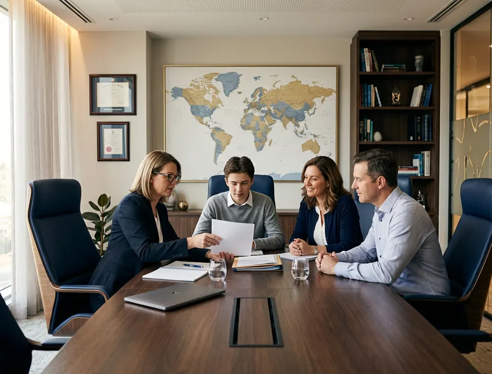A Succeed Overseas counsellor advising a student and parent