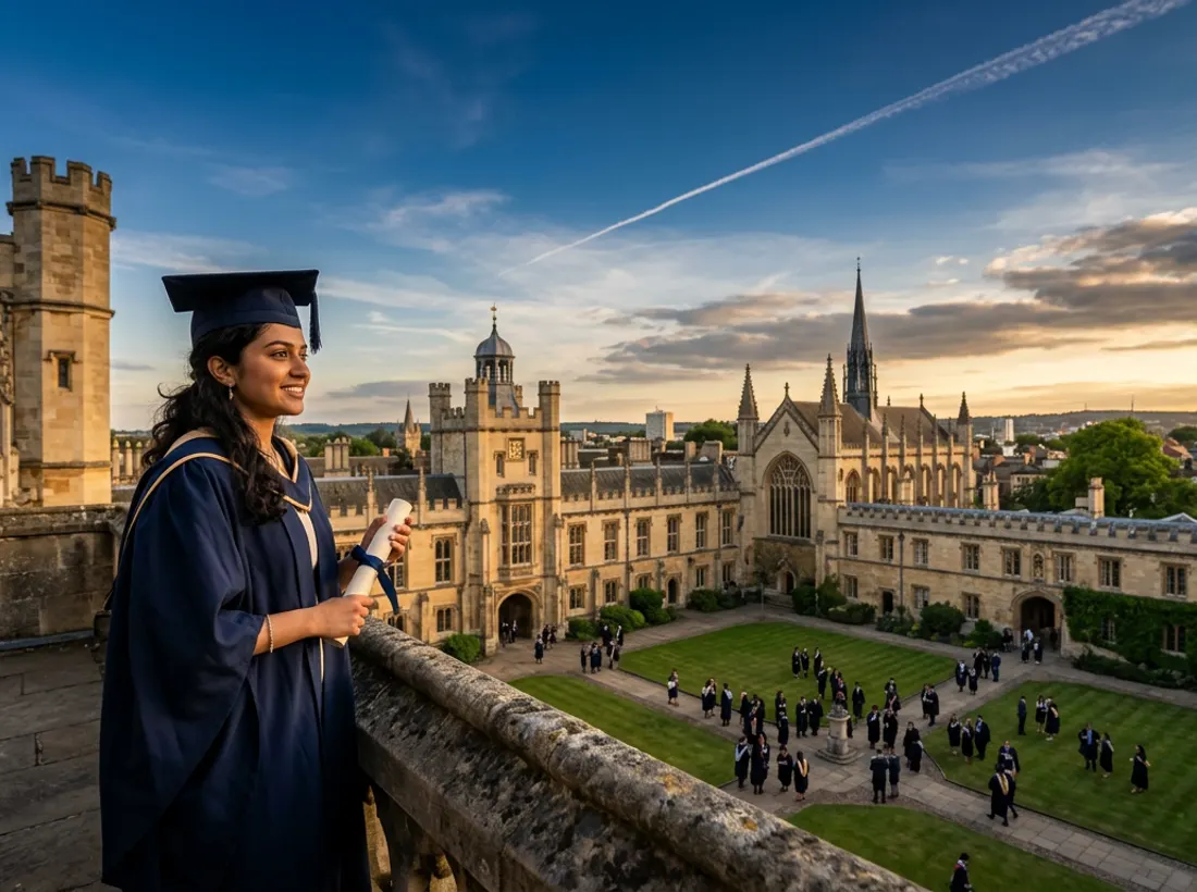 A graduate looking out over a historic university quadrangle at golden hour