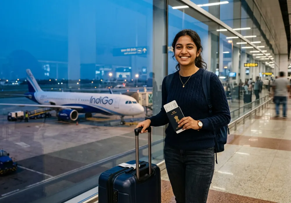 A student at the airport ready to fly abroad